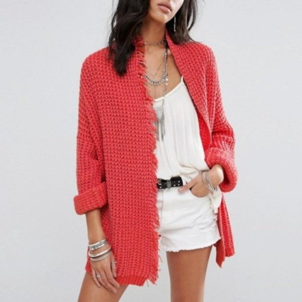 Free People I'll Be Around Coral Silk Blend Cardigan